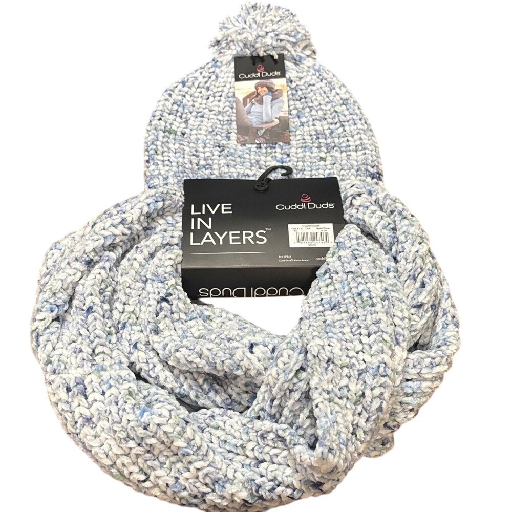 Cuddl Duds Blue Speckle Chenille Infinity Scarf & Cozy Hat w/Pom Fall Winter